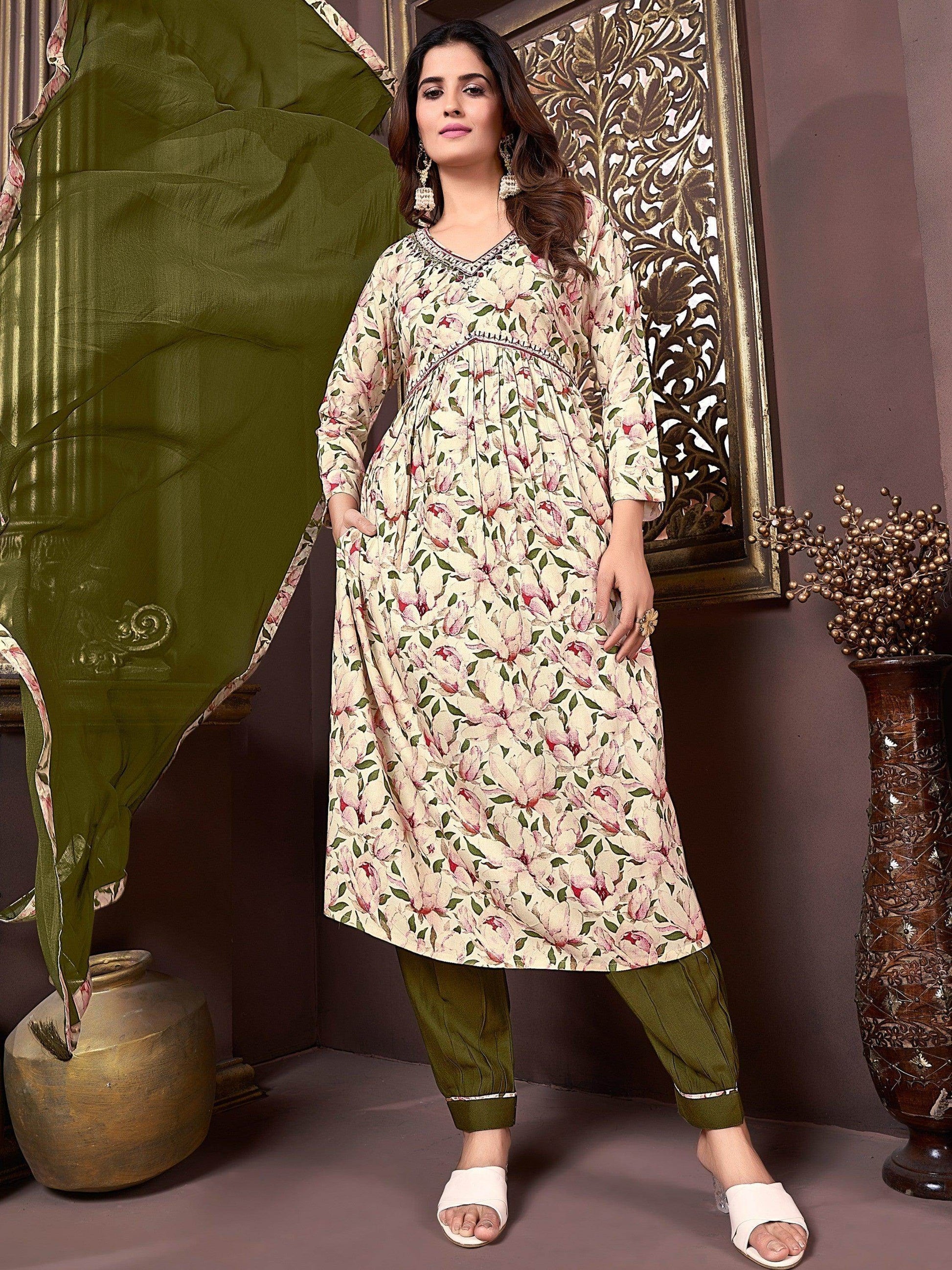 Amazing Cream Floral Printed Rayon Readymade Salwar Kameez - Zeel Clothing