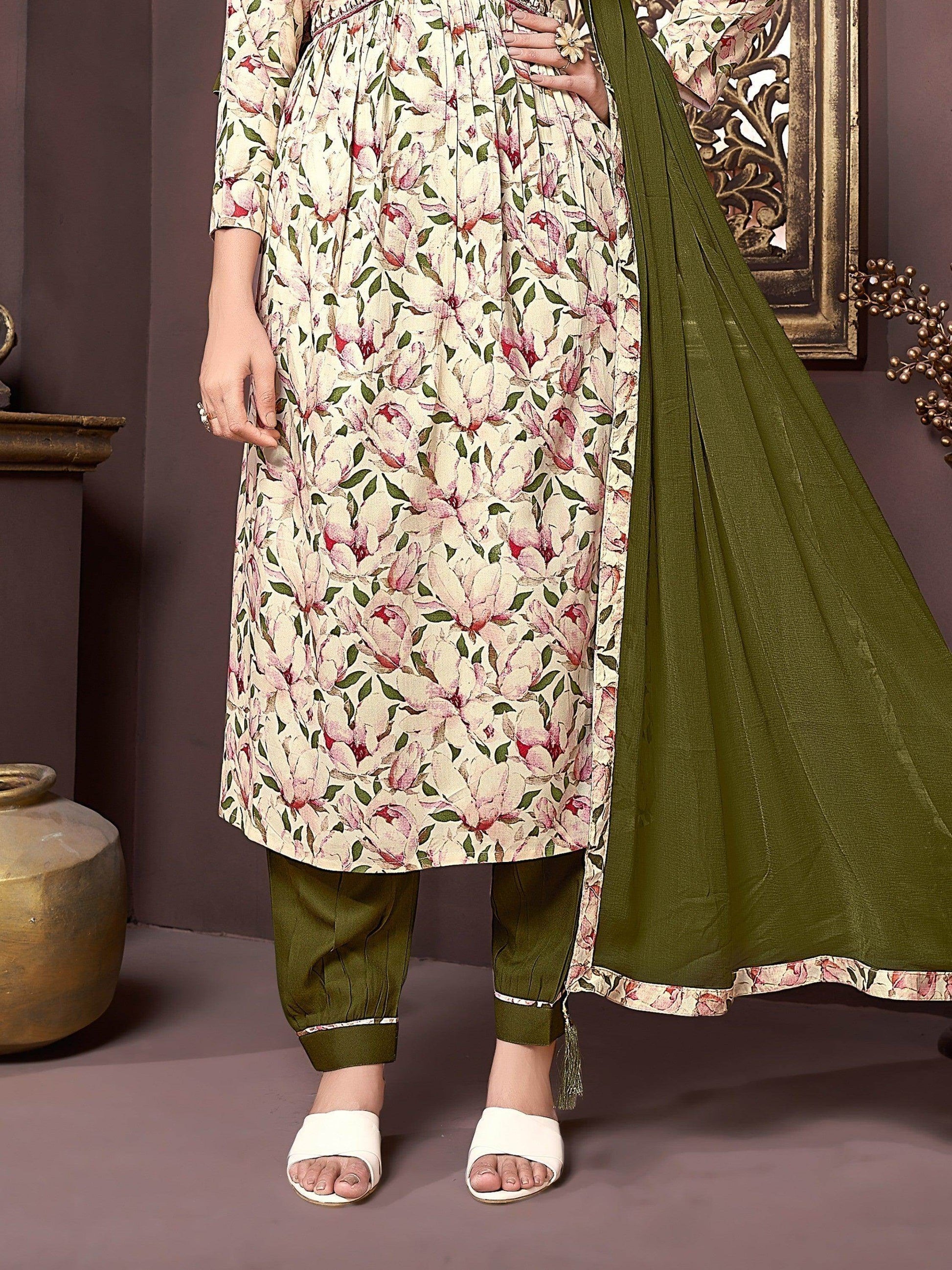 Amazing Cream Floral Printed Rayon Readymade Salwar Kameez - Zeel Clothing