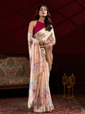 Amazing Cream Floral Printed Satin Casual Wear Saree With Blouse - Zeel Clothing