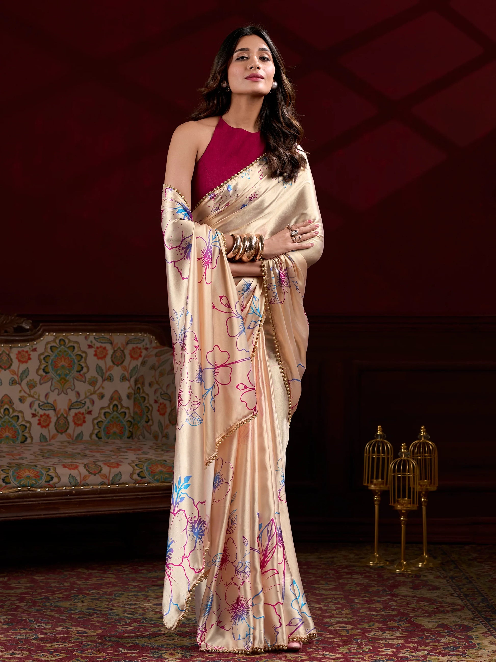 Amazing Cream Floral Printed Satin Casual Wear Saree With Blouse - Zeel Clothing