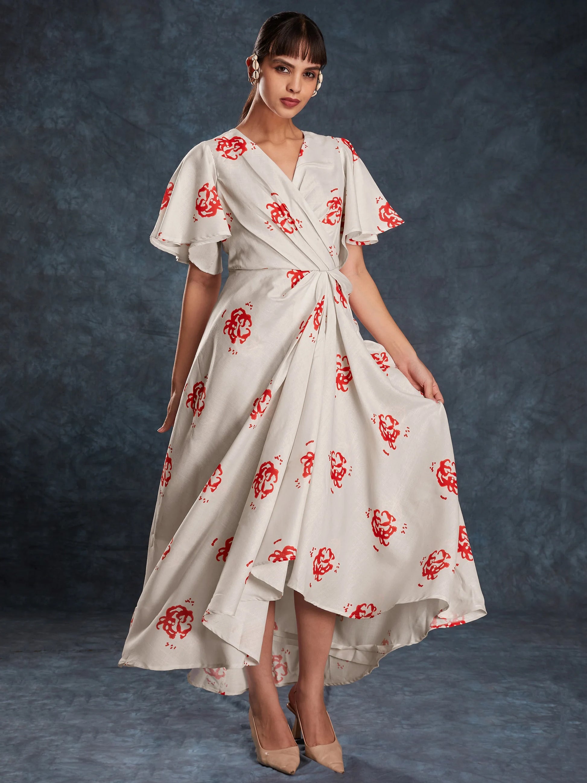 Amazing Cream Printed Linen Western Wear Long Dress - Zeel Clothing