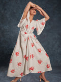 Amazing Cream Printed Linen Western Wear Long Dress - Zeel Clothing
