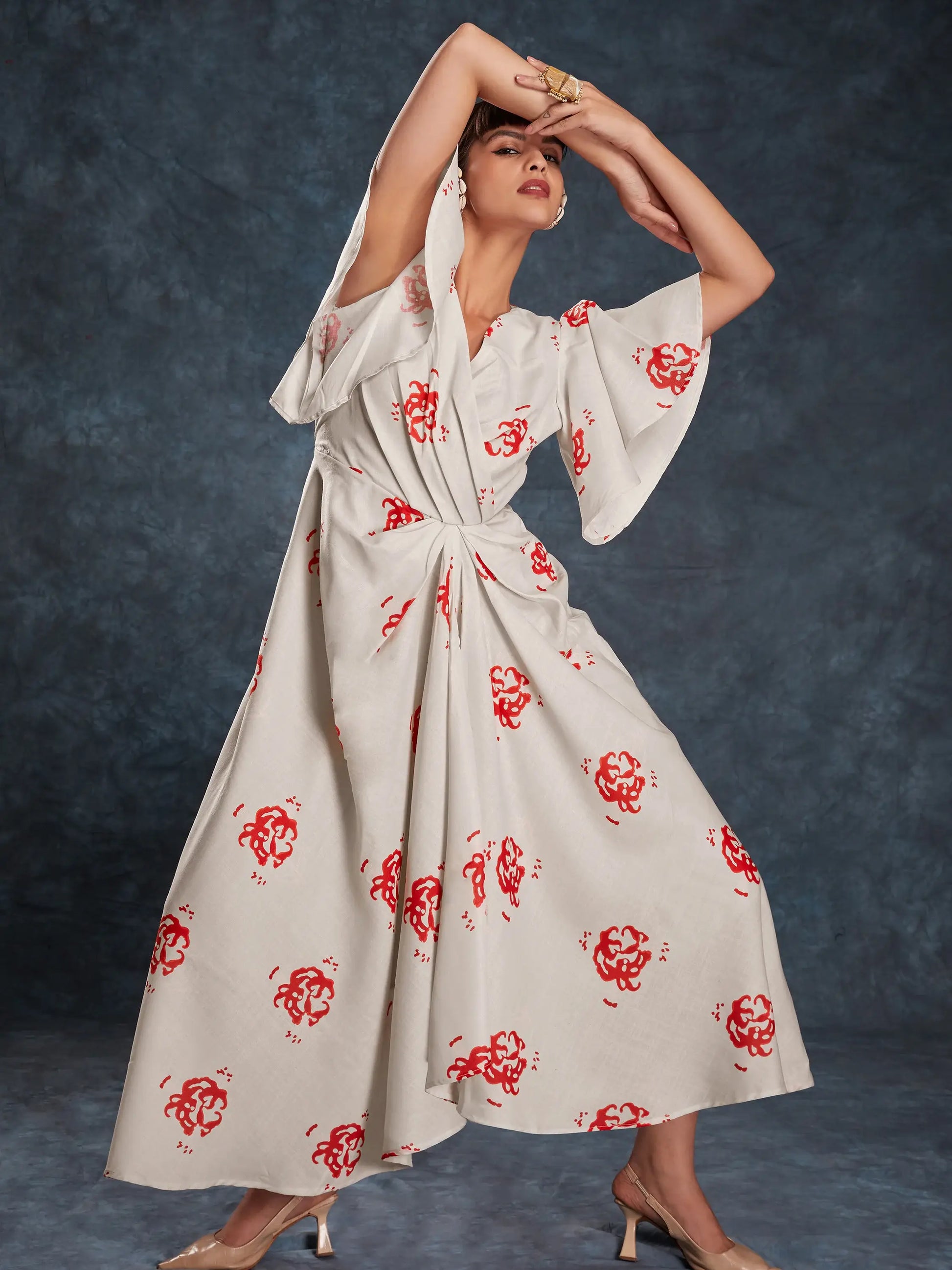 Amazing Cream Printed Linen Western Wear Long Dress - Zeel Clothing