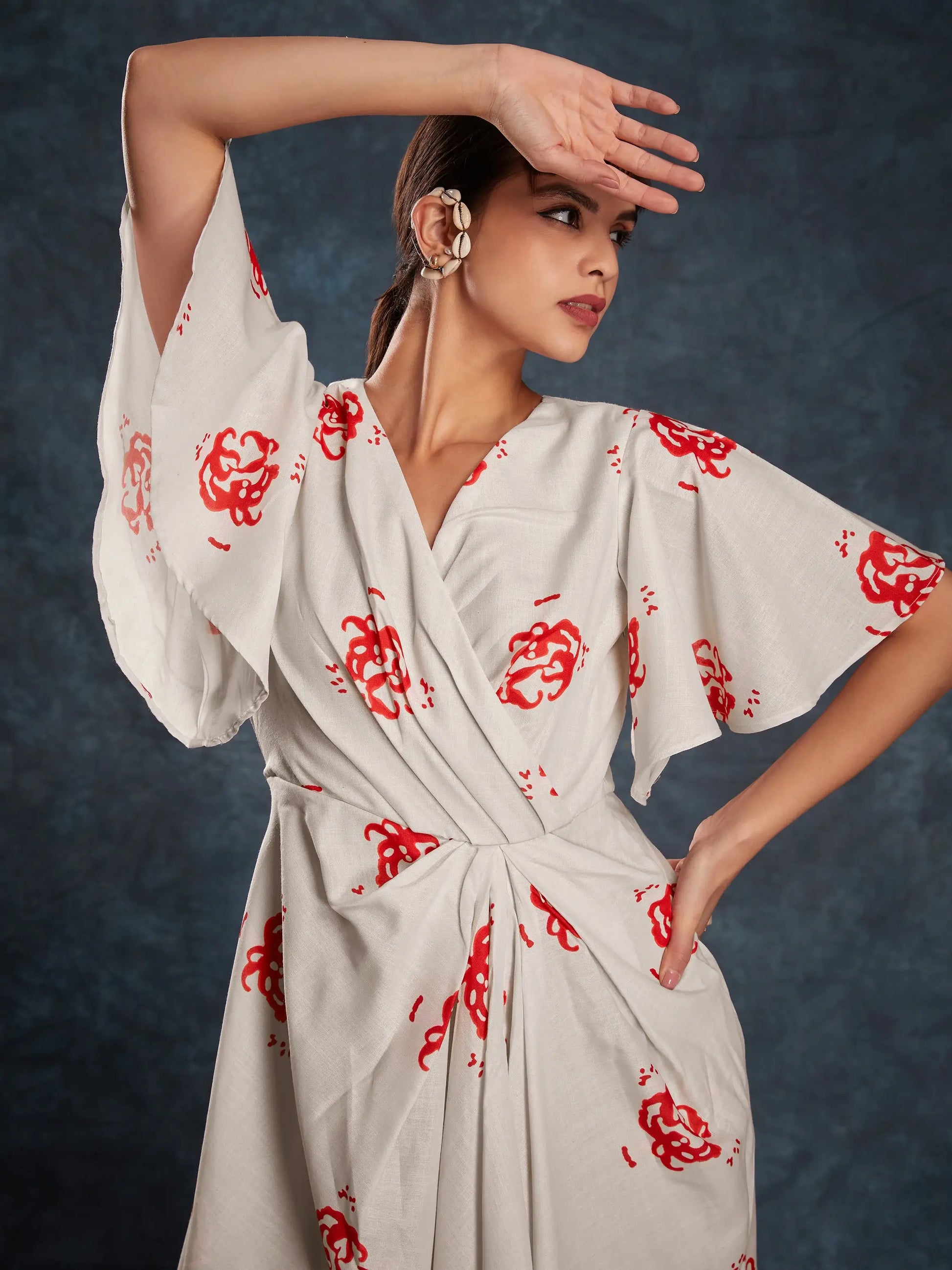 Amazing Cream Printed Linen Western Wear Long Dress - Zeel Clothing