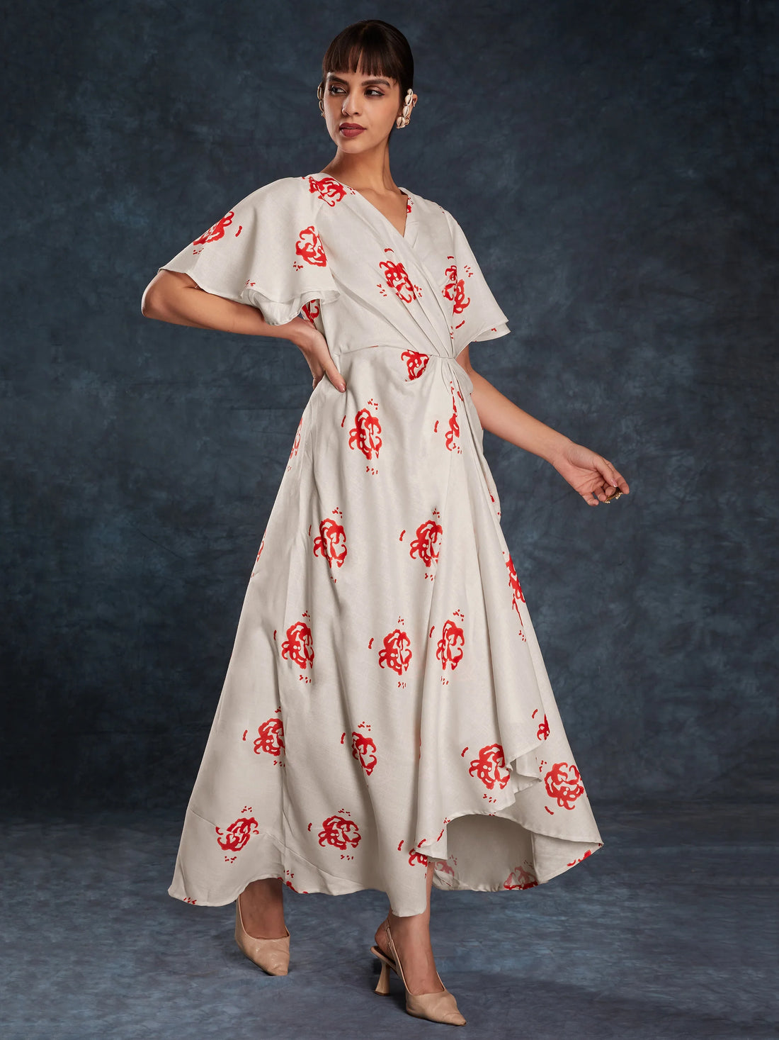 Amazing Cream Printed Linen Western Wear Long Dress - Zeel Clothing