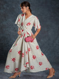 Amazing Cream Printed Linen Western Wear Long Dress - Zeel Clothing