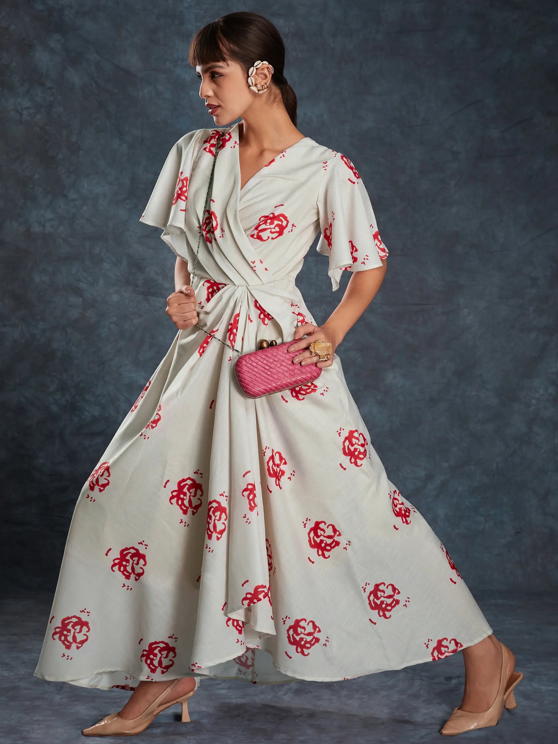 Amazing Cream Printed Linen Western Wear Long Dress - Zeel Clothing
