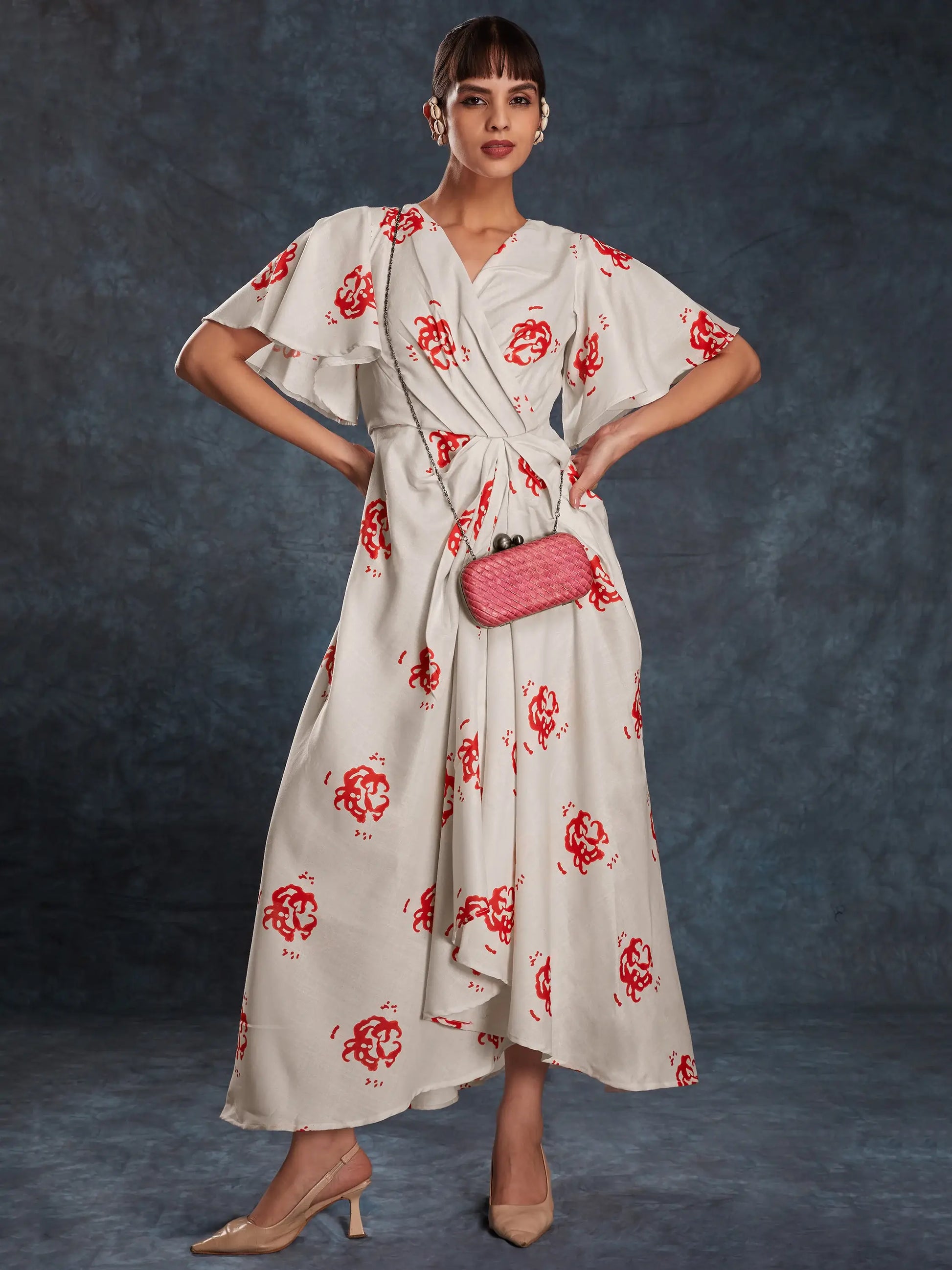 Amazing Cream Printed Linen Western Wear Long Dress - Zeel Clothing