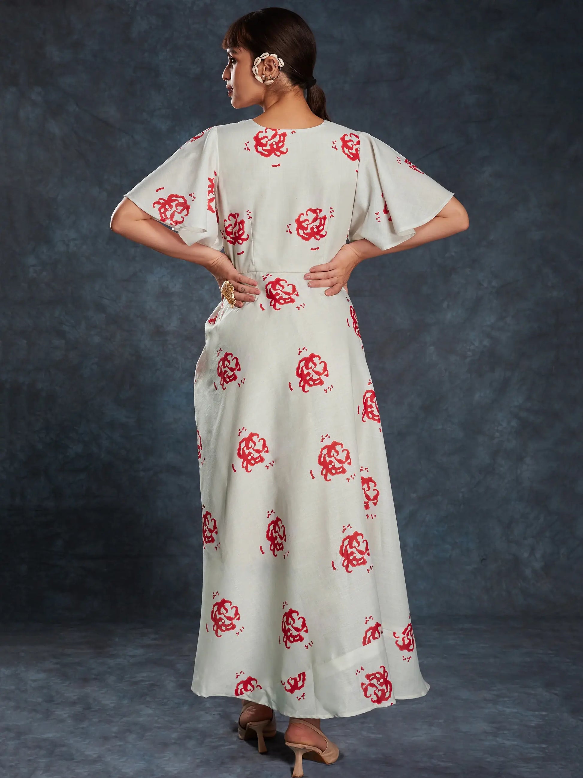 Amazing Cream Printed Linen Western Wear Long Dress - Zeel Clothing