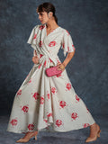 Amazing Cream Printed Linen Western Wear Long Dress - Zeel Clothing