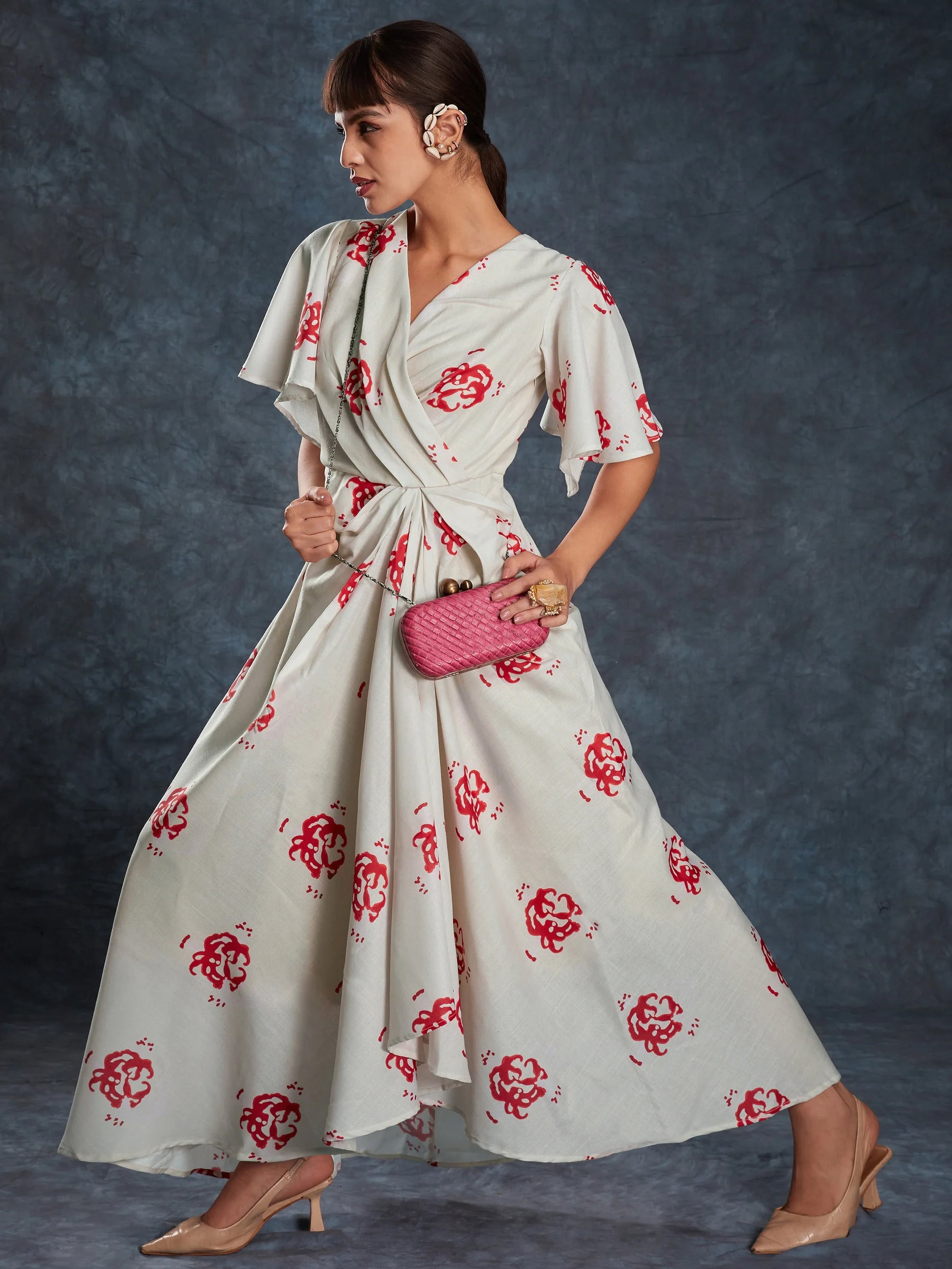 Amazing Cream Printed Linen Western Wear Long Dress - Zeel Clothing