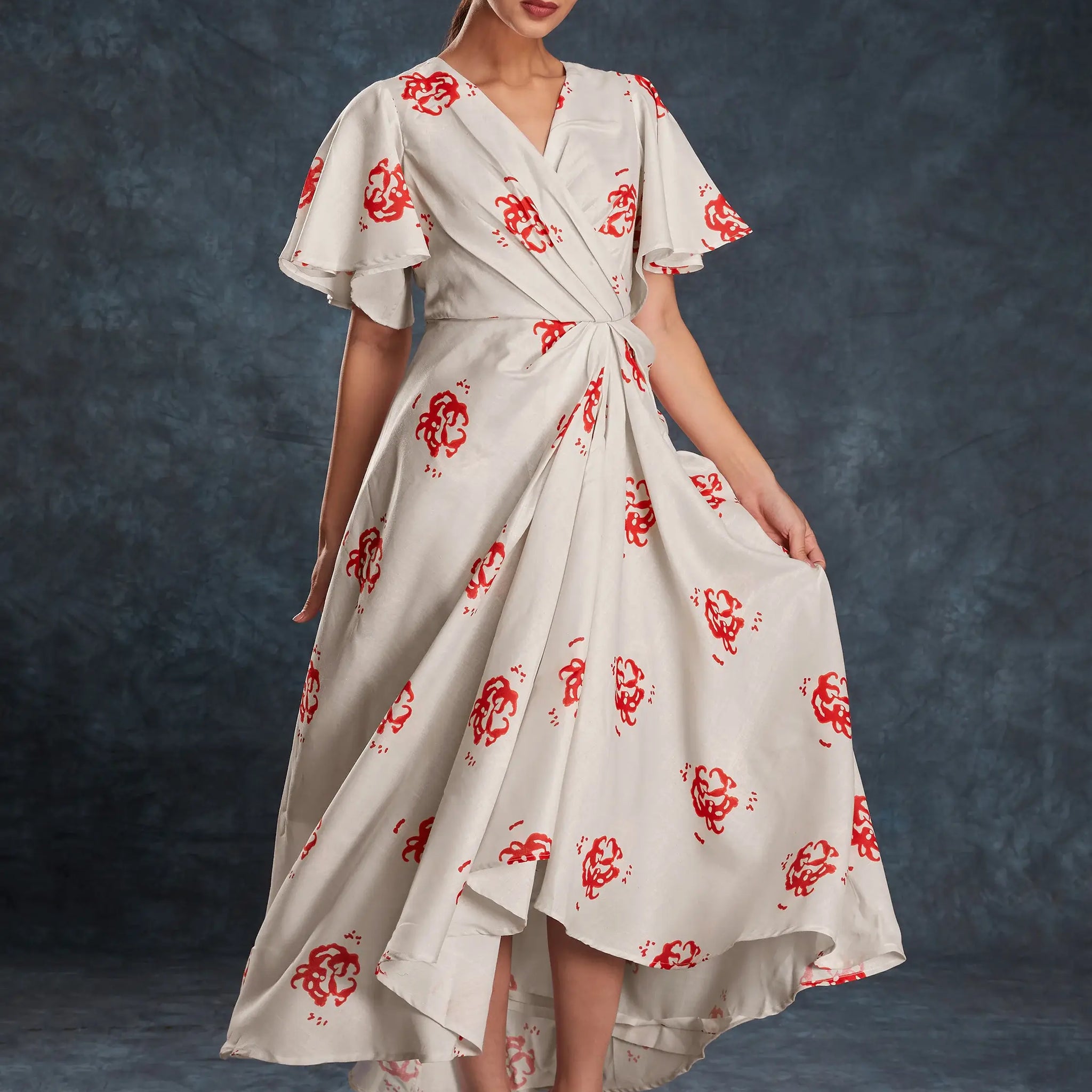 Amazing Cream Printed Linen Western Wear Long Dress - Zeel Clothing