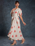 Amazing Cream Printed Linen Western Wear Long Dress - Zeel Clothing