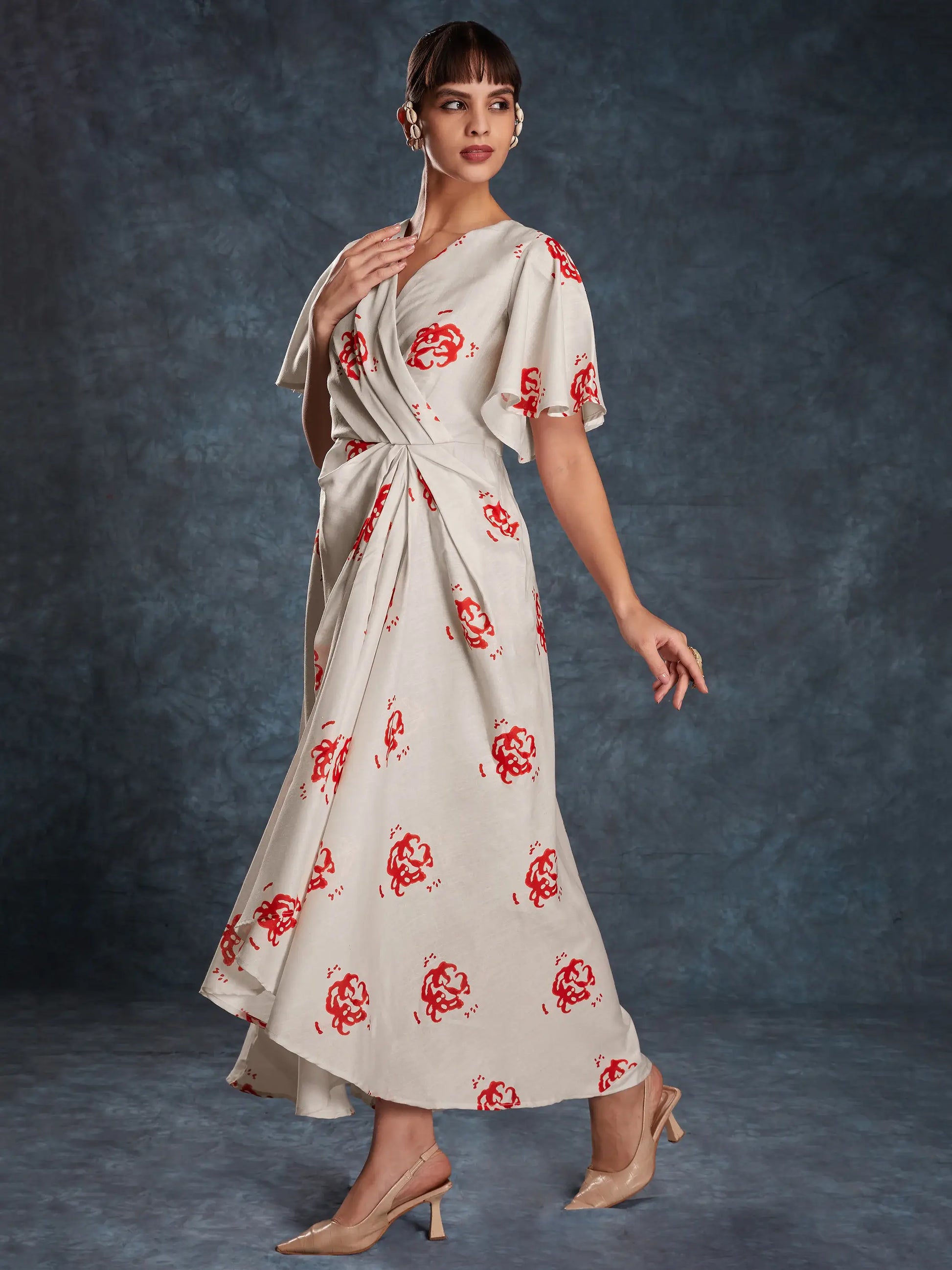 Amazing Cream Printed Linen Western Wear Long Dress - Zeel Clothing