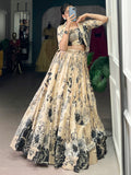 Amazing Cream Printed Silk Event Wear Crop Top Lehenga With Jacket - Zeel Clothing