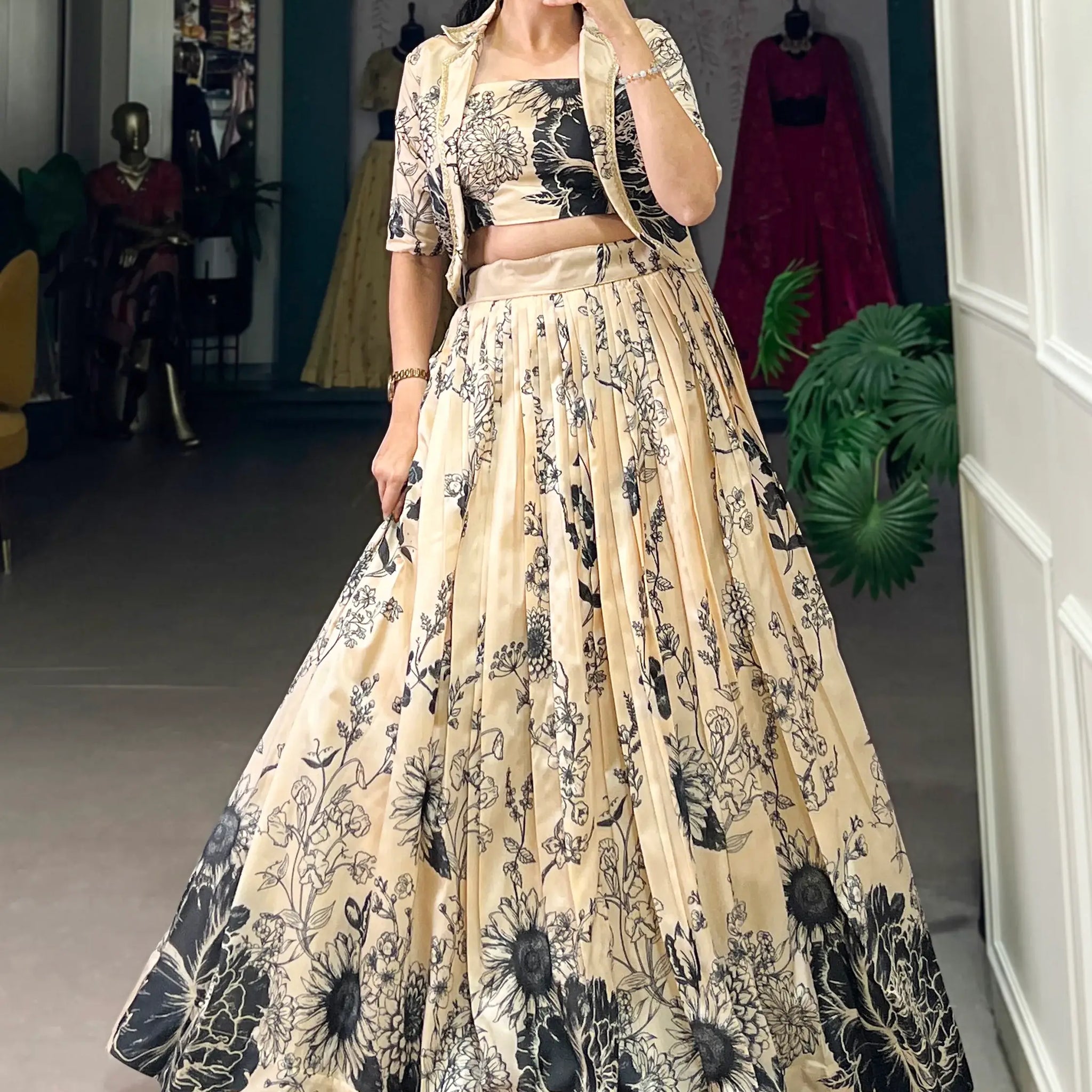 Amazing Cream Printed Silk Event Wear Crop Top Lehenga With Jacket - Zeel Clothing