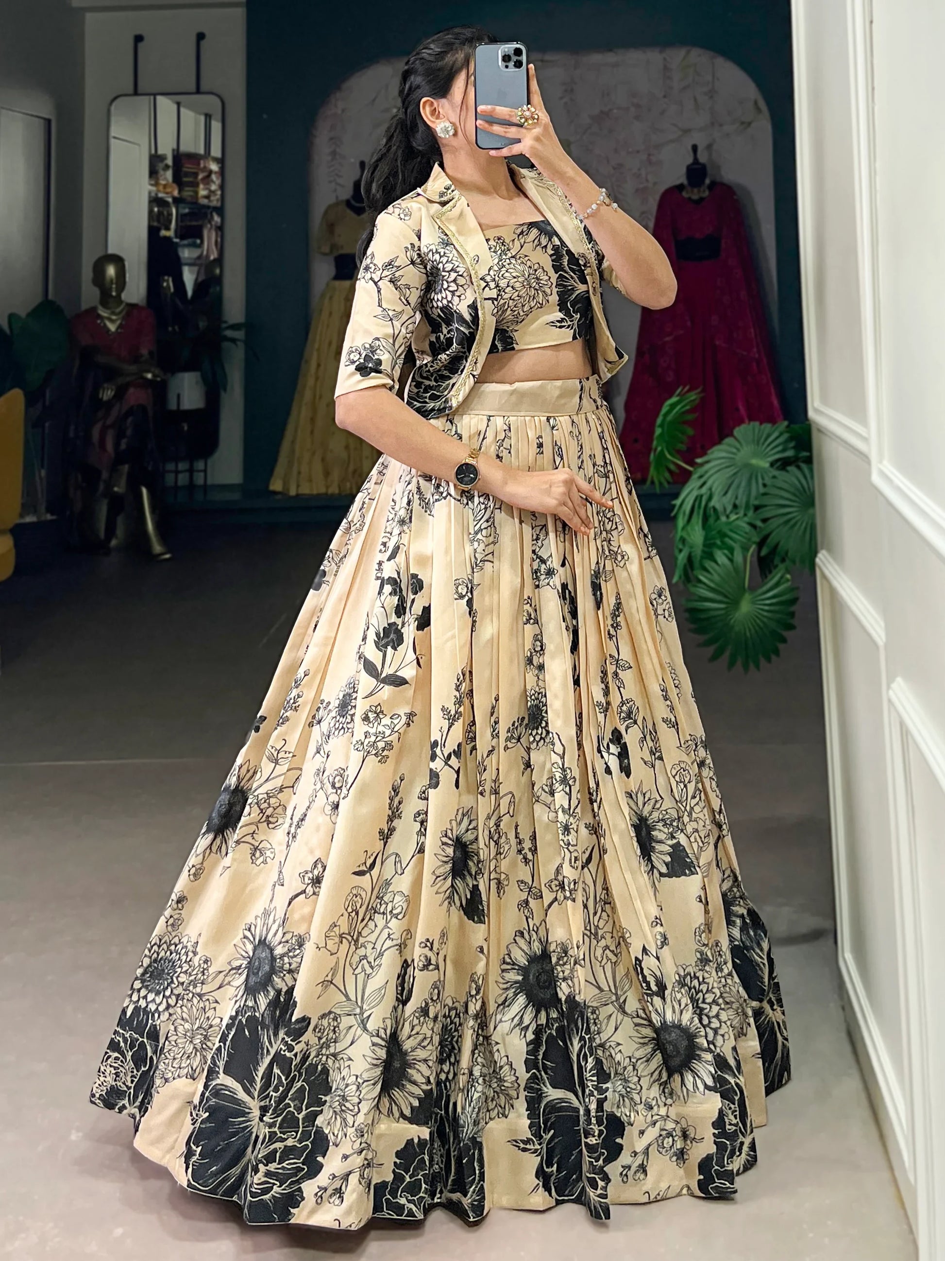 Amazing Cream Printed Silk Event Wear Crop Top Lehenga With Jacket - Zeel Clothing