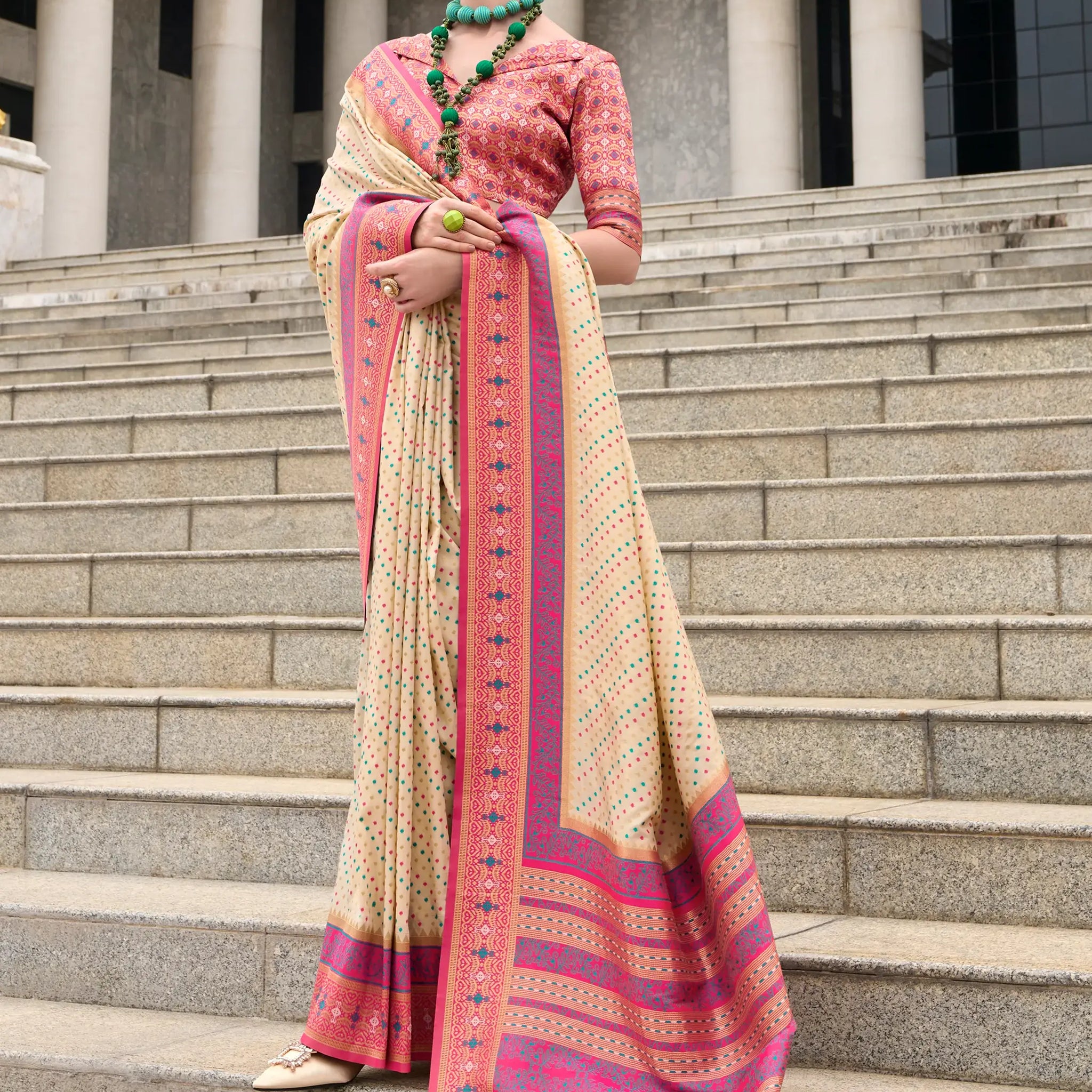 Amazing Cream Weaving Banarasi Silk Traditional Saree With Blouse - Zeel Clothing