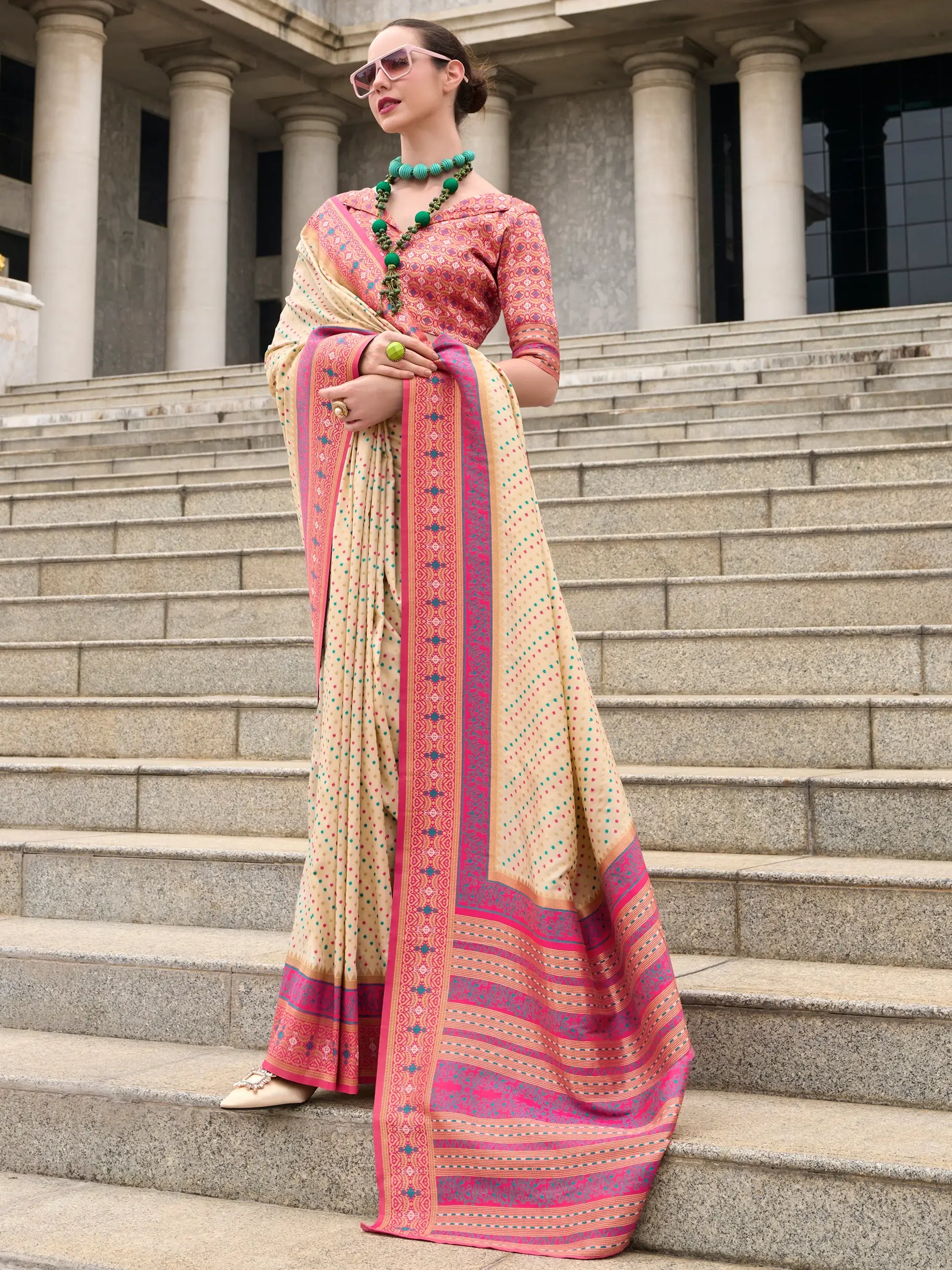Amazing Cream Weaving Banarasi Silk Traditional Saree With Blouse - Zeel Clothing