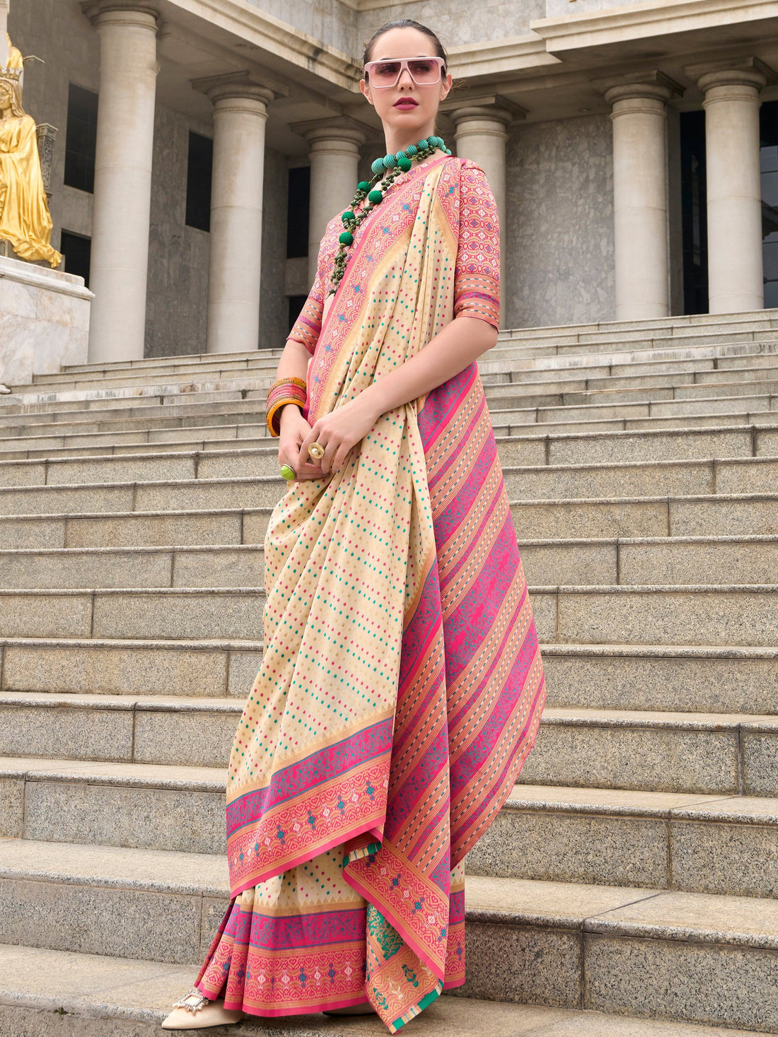 Amazing Cream Weaving Banarasi Silk Traditional Saree With Blouse - Zeel Clothing