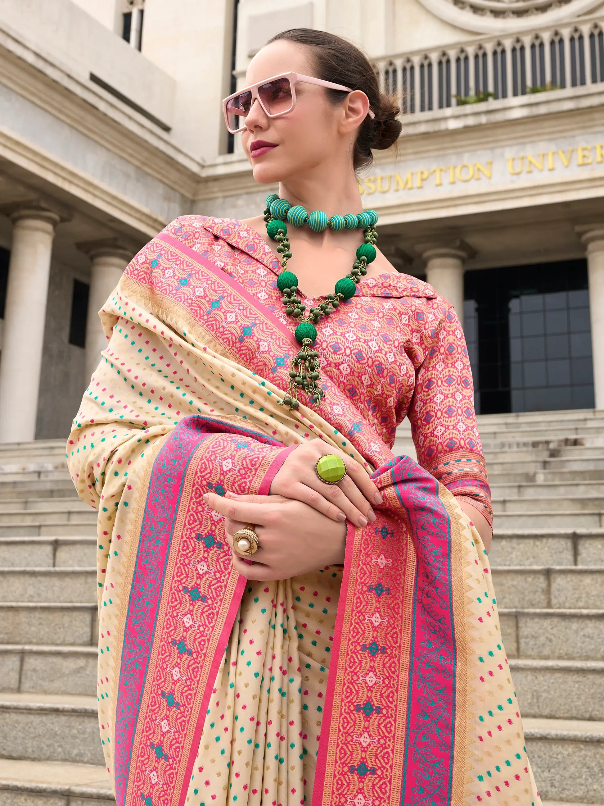 Amazing Cream Weaving Banarasi Silk Traditional Saree With Blouse - Zeel Clothing