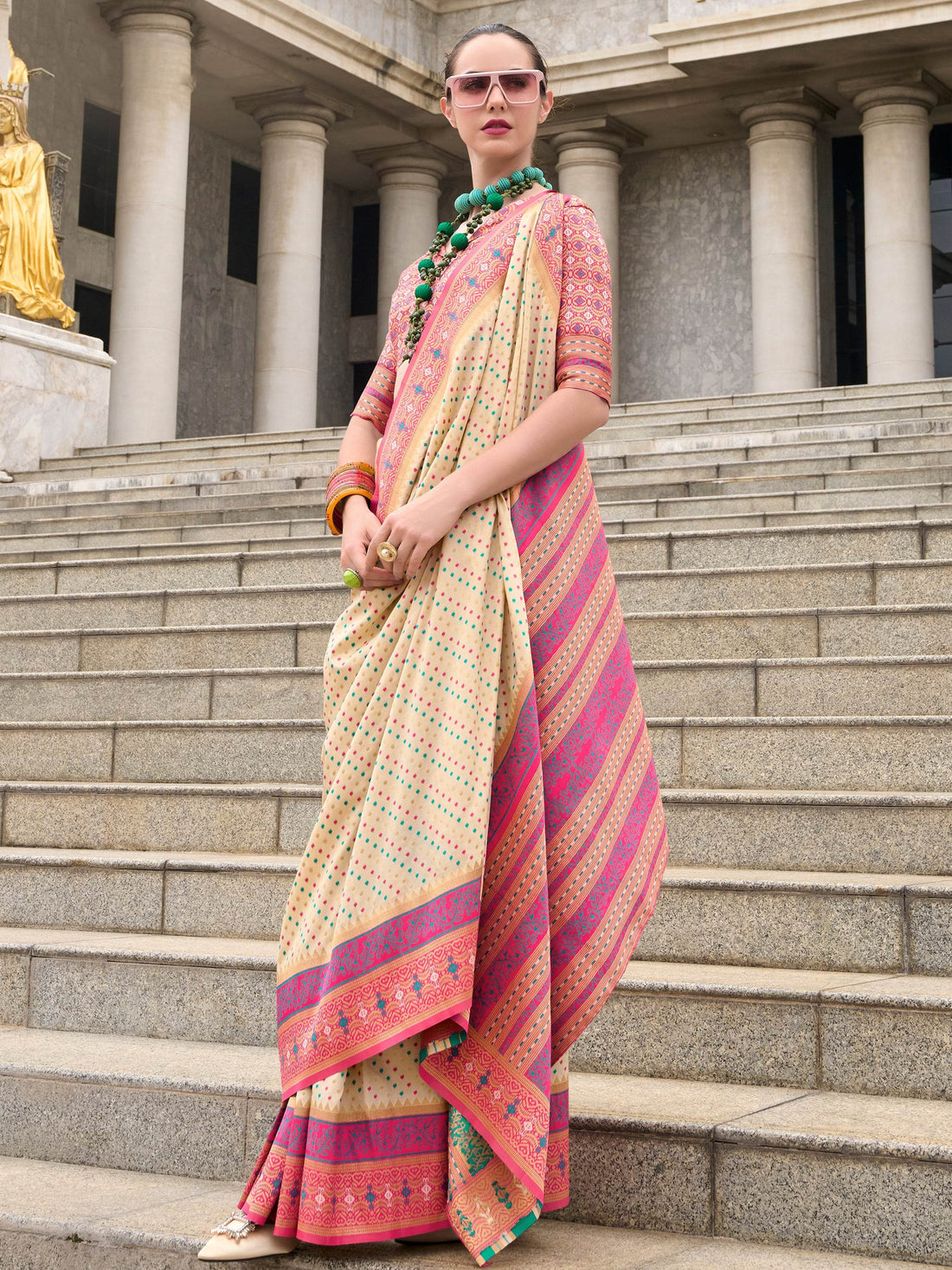 Amazing Cream Weaving Banarasi Silk Traditional Saree With Blouse - Zeel Clothing
