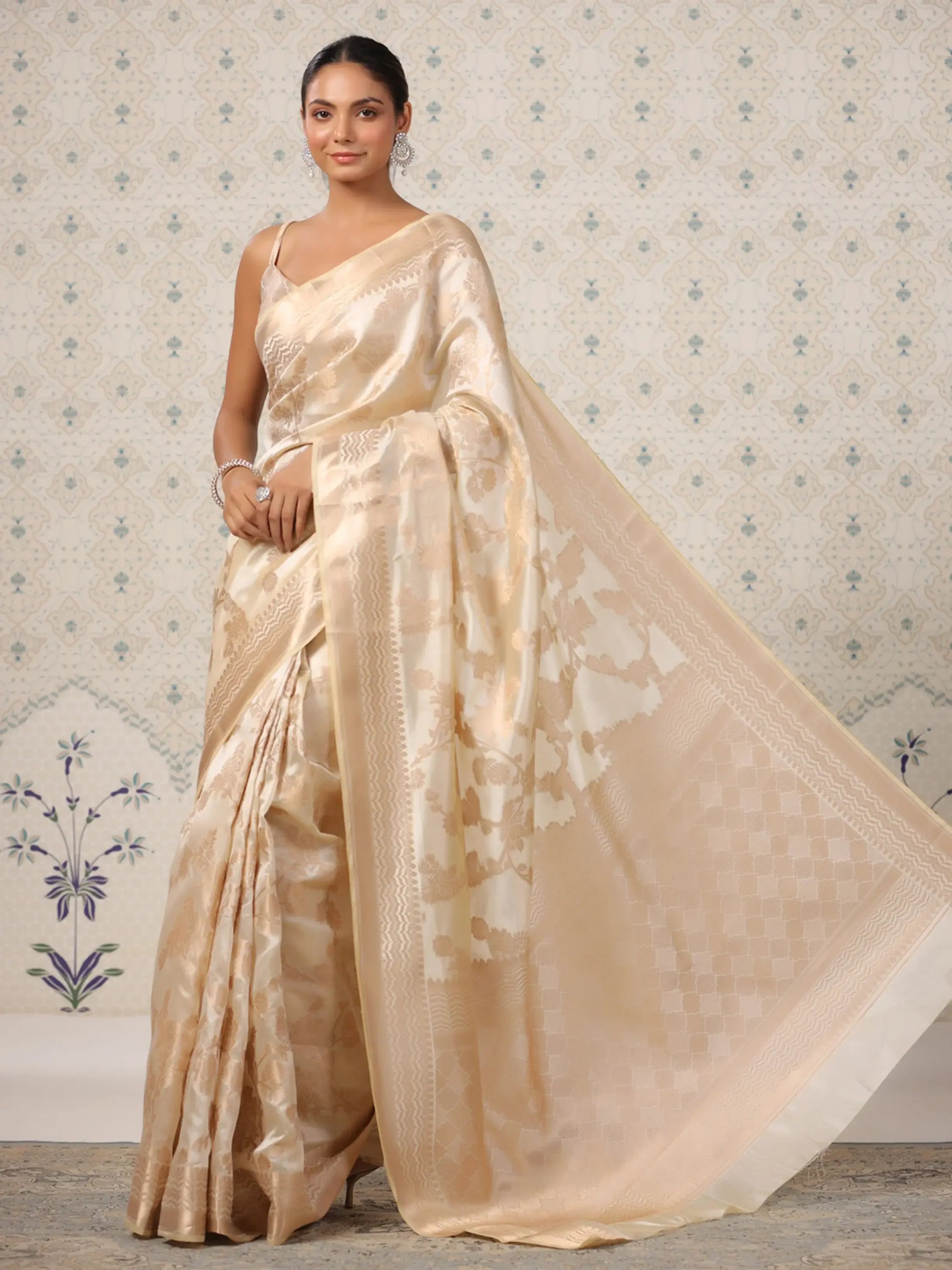 Amazing Cream Zari Weaving Banarasi Silk Traditional Saree With Blouse - Zeel Clothing