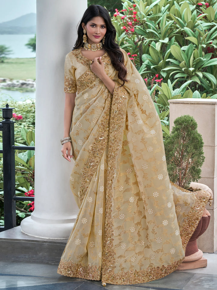 Amazing Cream Zari Woven Organza Silk Wedding Saree With Blouse - Zeel Clothing