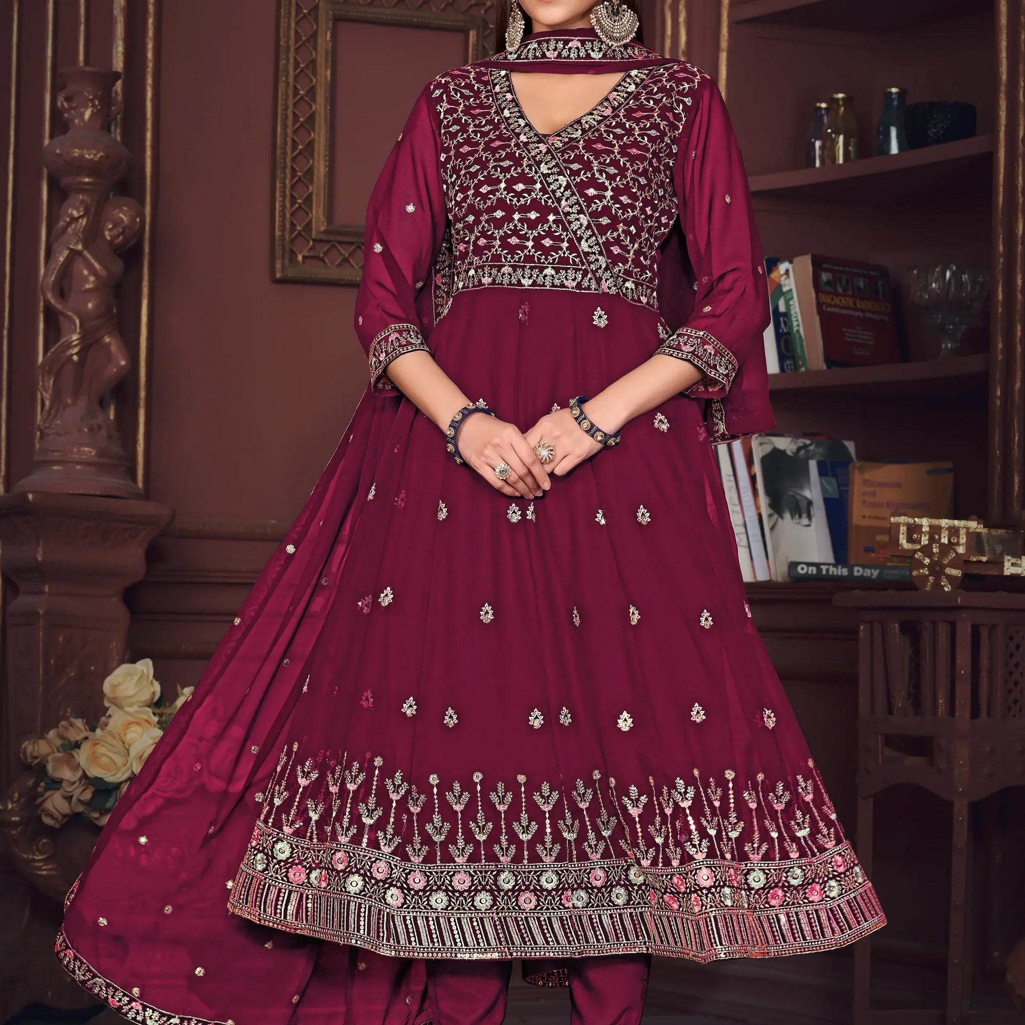 Amazing Dark Pink Embroidered Georgette Reception Wear Anarkali Suit - Zeel Clothing