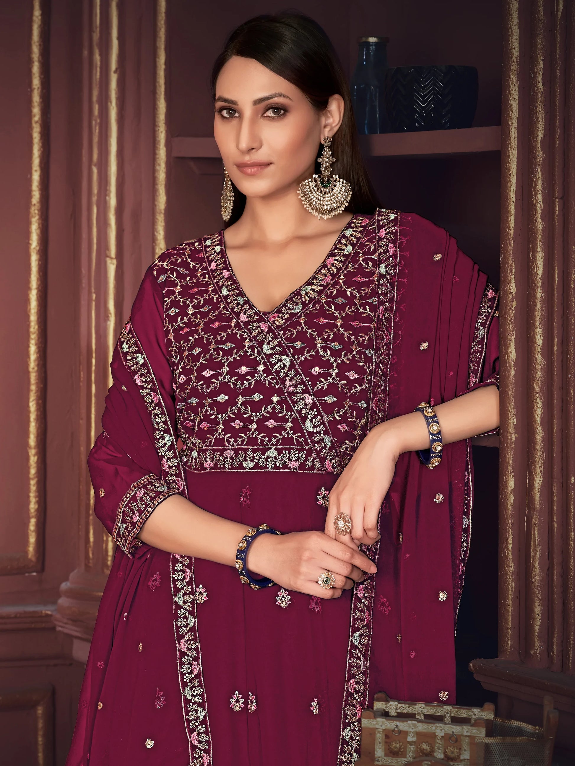 Amazing Dark Pink Embroidered Georgette Reception Wear Anarkali Suit - Zeel Clothing