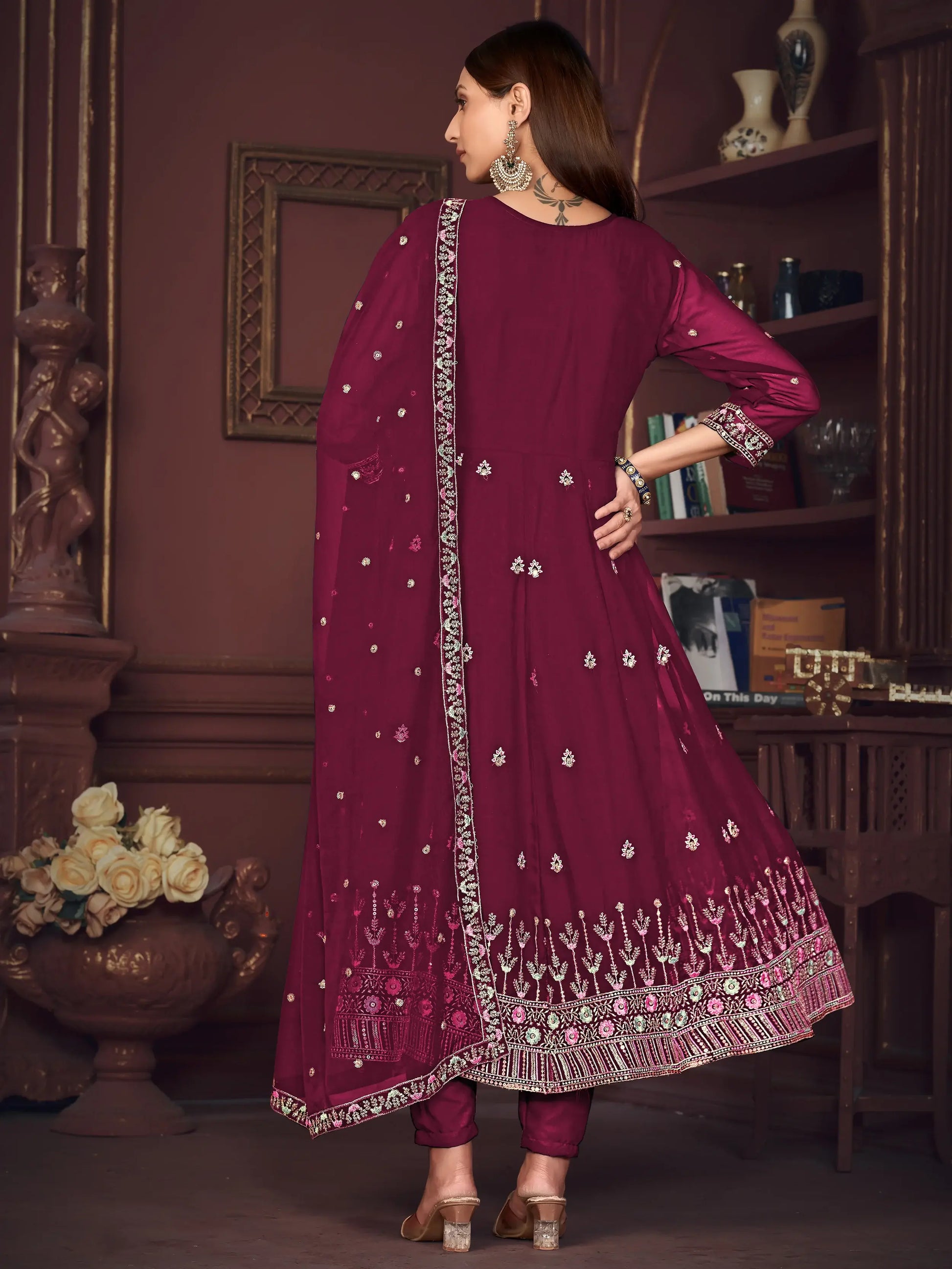 Amazing Dark Pink Embroidered Georgette Reception Wear Anarkali Suit - Zeel Clothing