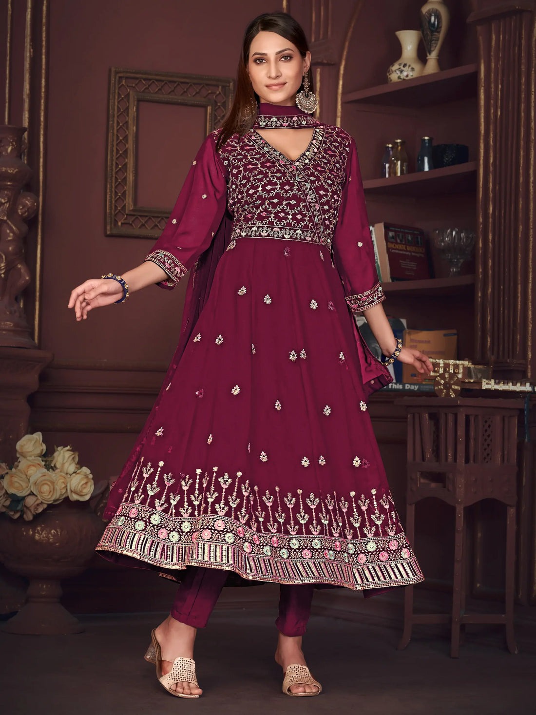 Amazing Dark Pink Embroidered Georgette Reception Wear Anarkali Suit - Zeel Clothing