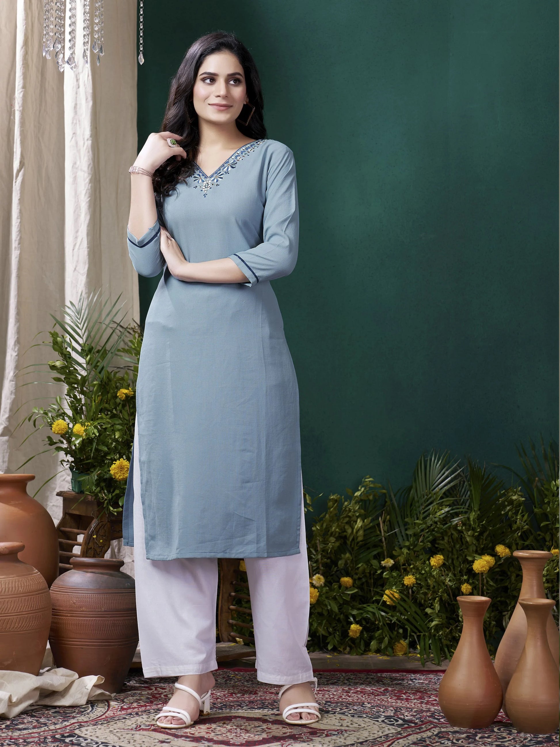 Amazing Dusty Blue Embroidered Cotton Casual Wear Kurti With Pant - Zeel Clothing