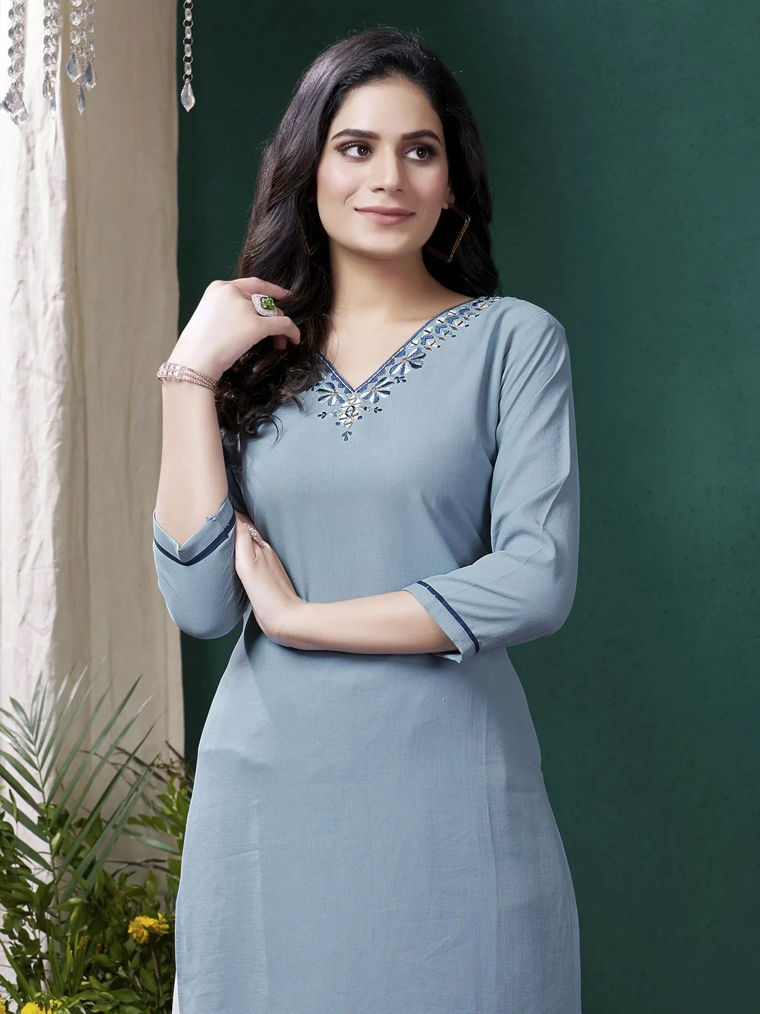 Amazing Dusty Blue Embroidered Cotton Casual Wear Kurti With Pant - Zeel Clothing