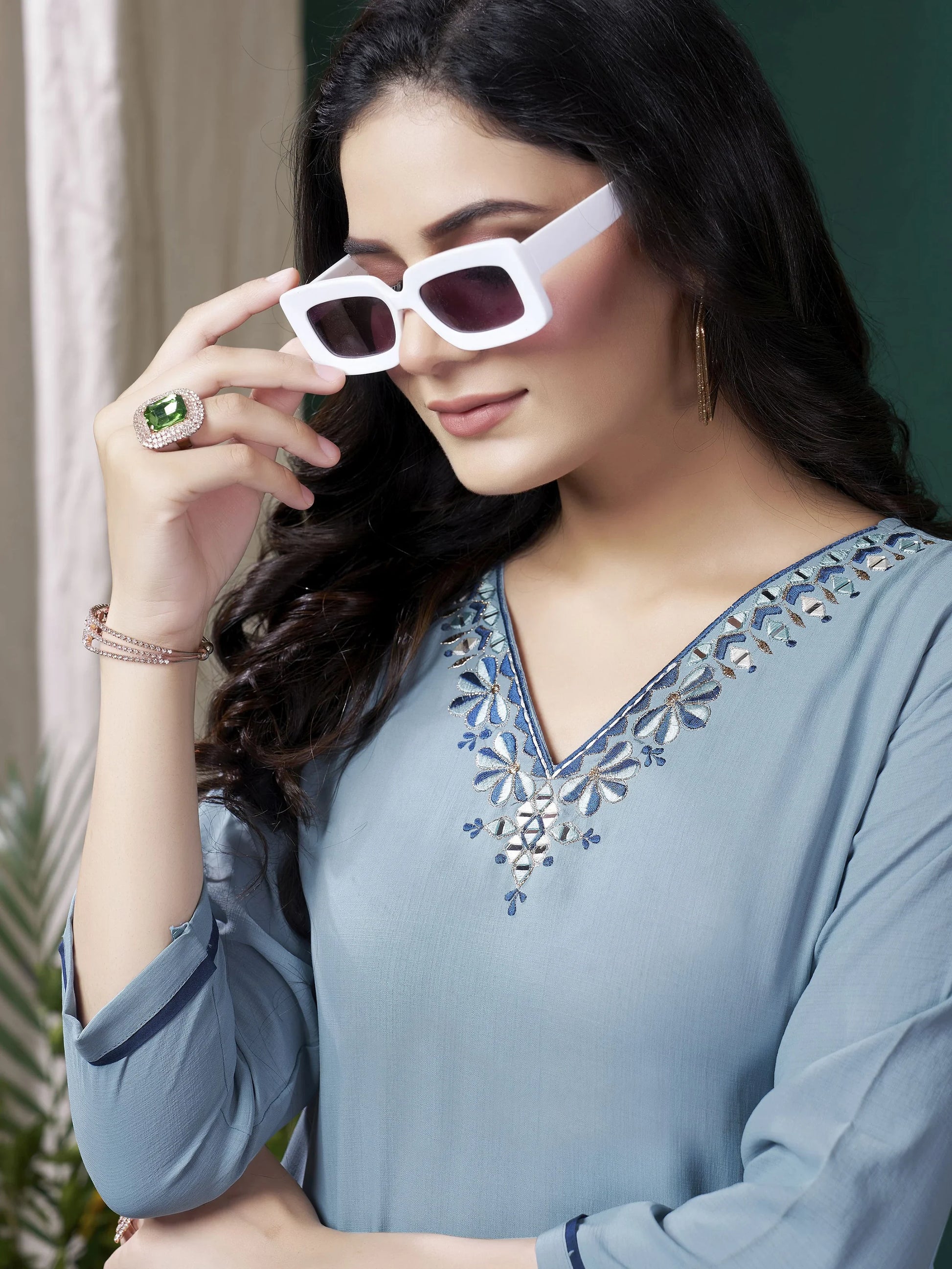 Amazing Dusty Blue Embroidered Cotton Casual Wear Kurti With Pant - Zeel Clothing