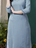 Amazing Dusty Blue Embroidered Cotton Casual Wear Kurti With Pant - Zeel Clothing