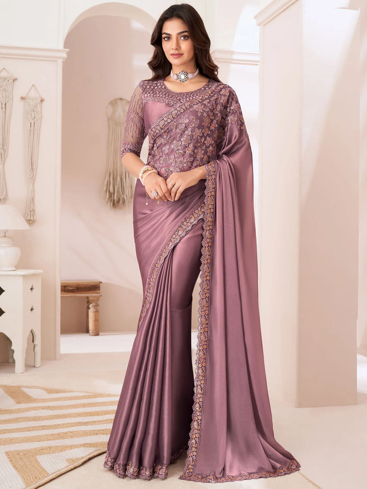 Amazing Dusty Pink Embroidered Georgette Designer Saree With Blouse - Zeel Clothing