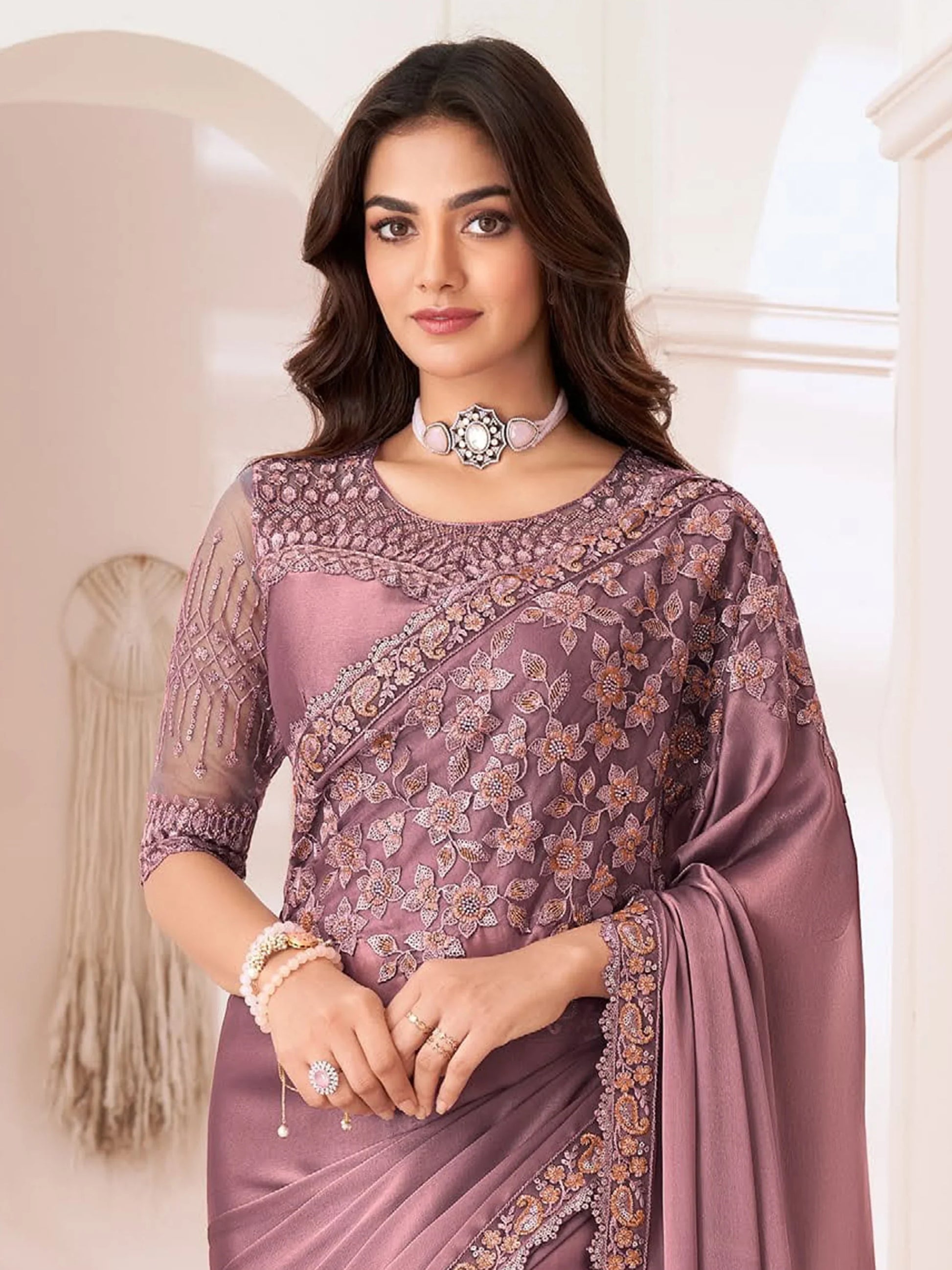 Amazing Dusty Pink Embroidered Georgette Designer Saree With Blouse - Zeel Clothing