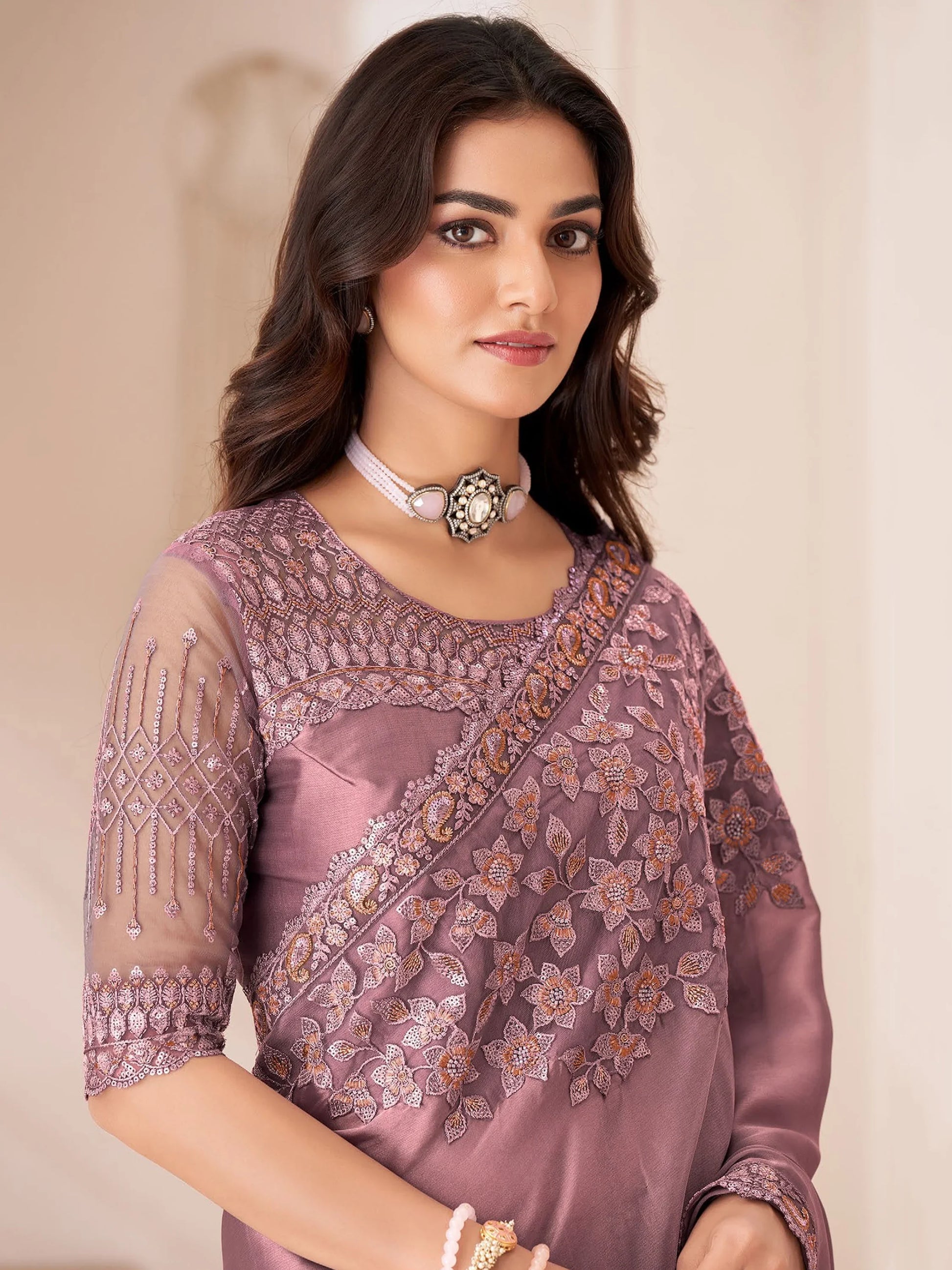 Amazing Dusty Pink Embroidered Georgette Designer Saree With Blouse - Zeel Clothing
