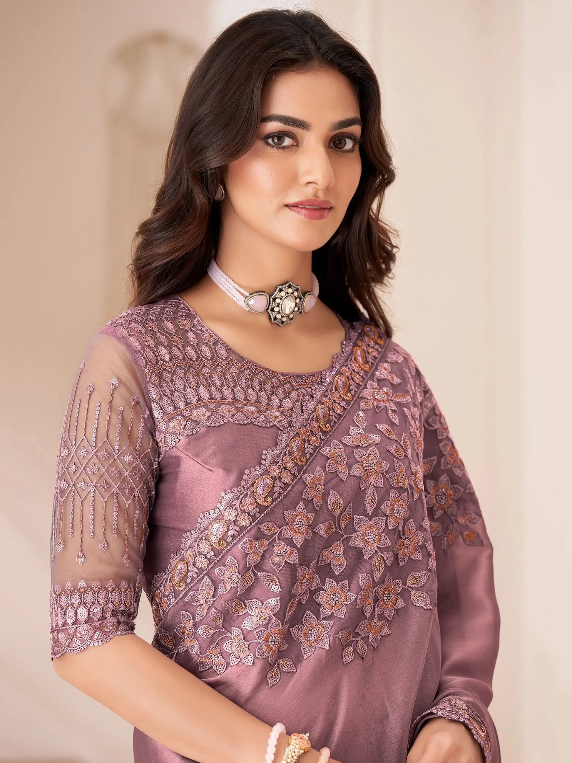 Amazing Dusty Pink Embroidered Georgette Designer Saree With Blouse - Zeel Clothing