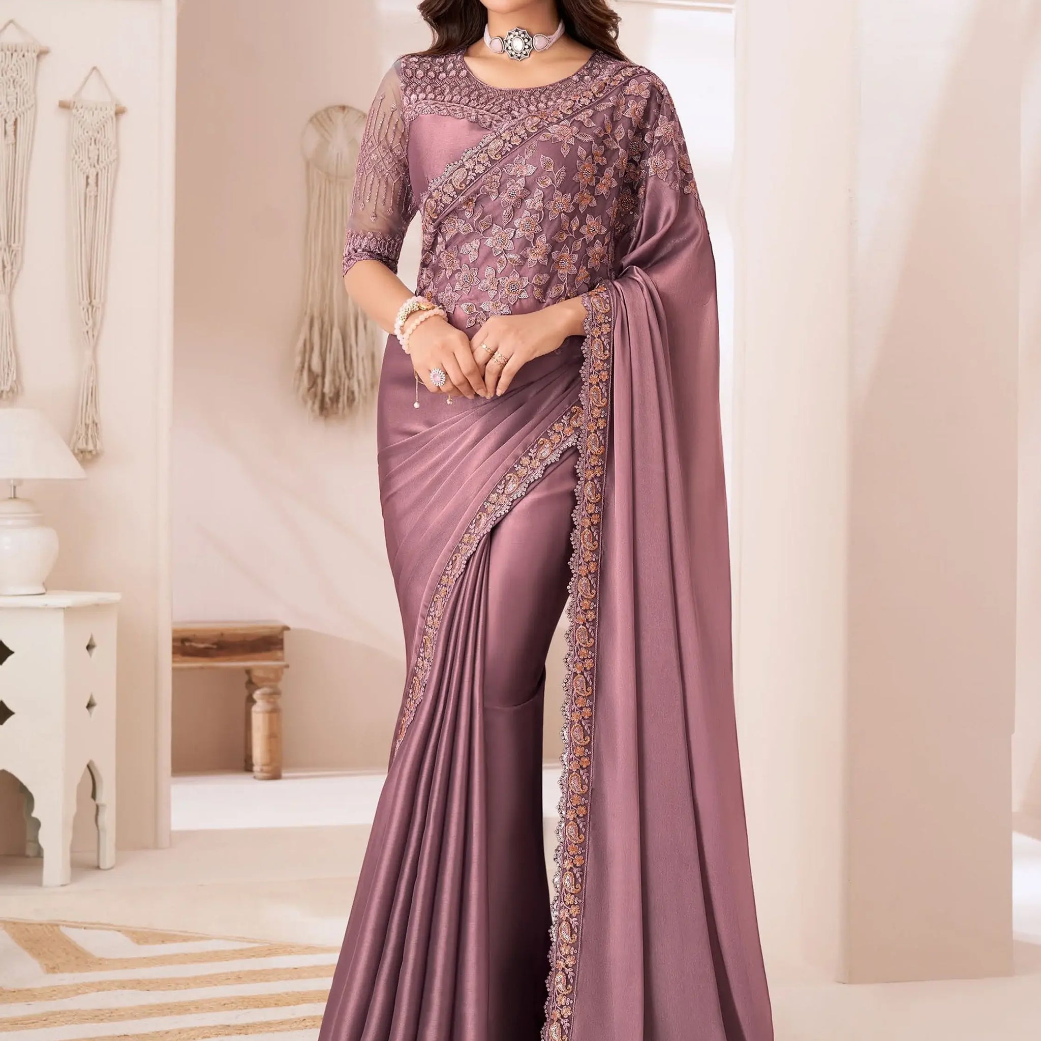 Amazing Dusty Pink Embroidered Georgette Designer Saree With Blouse - Zeel Clothing