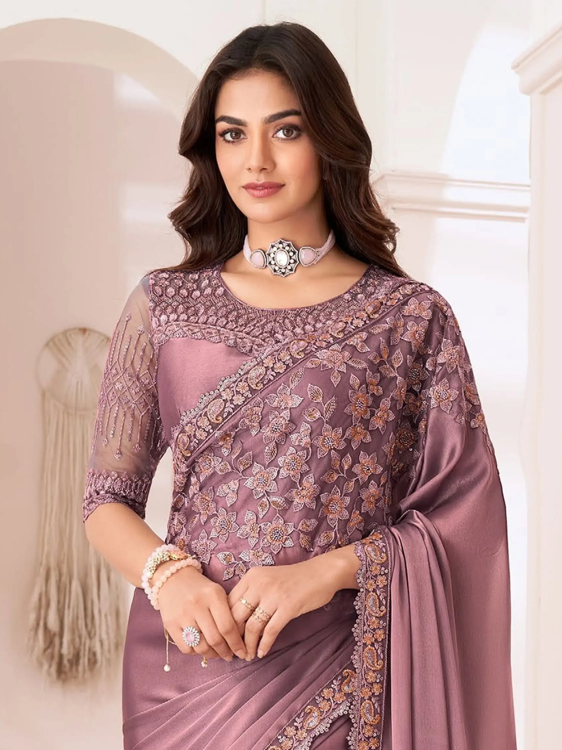 Amazing Dusty Pink Embroidered Georgette Designer Saree With Blouse - Zeel Clothing