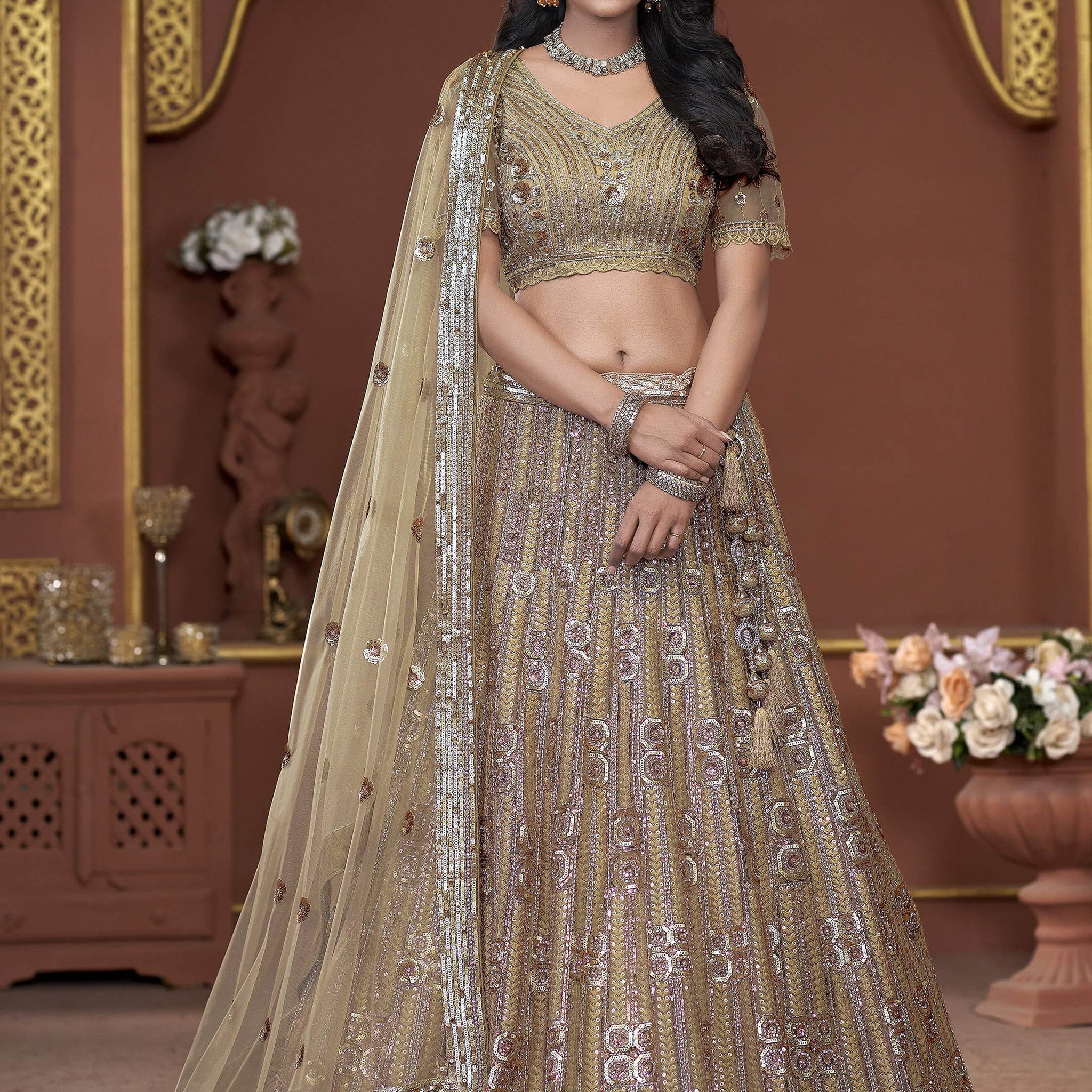 Amazing Golden Jarkan Work Net Wedding Lehenga Choli With Dupatta - Zeel Clothing