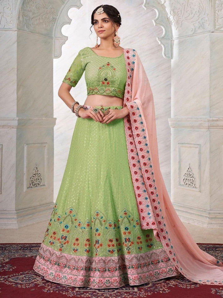 Amazing Green Embroidered Georgette Sangeet Wear Lehenga Choli With Dupatta