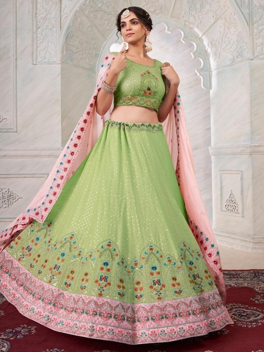 Amazing Green Embroidered Georgette Sangeet Wear Lehenga Choli With Dupatta