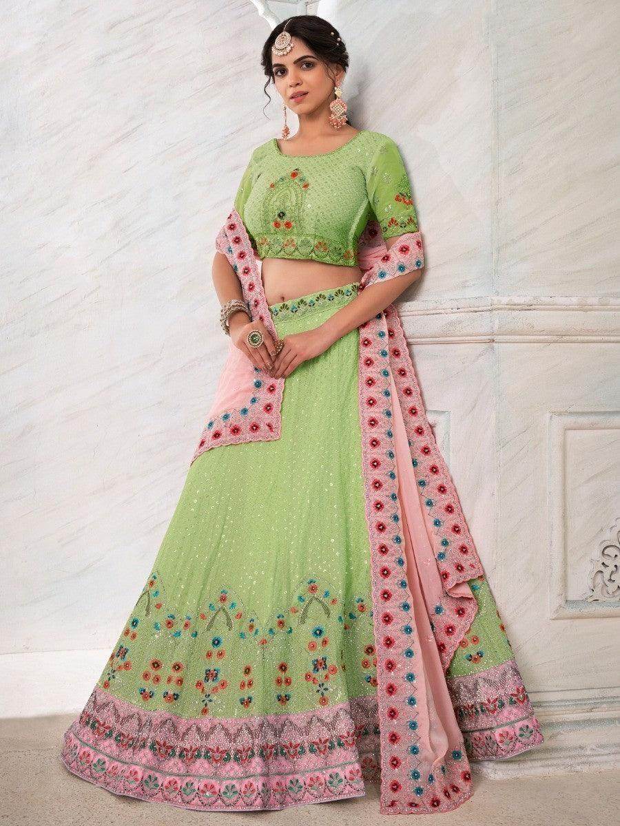 Amazing Green Embroidered Georgette Sangeet Wear Lehenga Choli With Dupatta - Zeel Clothing