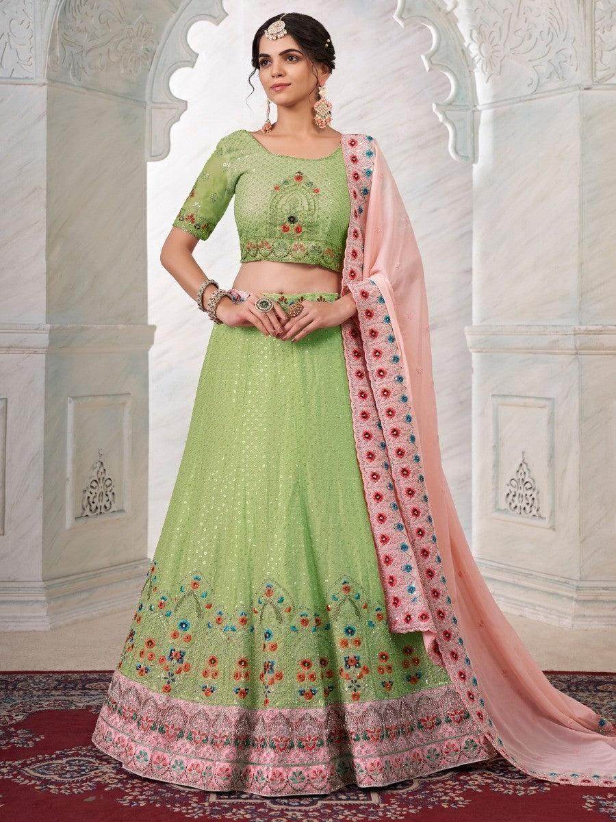 Amazing Green Embroidered Georgette Sangeet Wear Lehenga Choli With Dupatta - Zeel Clothing