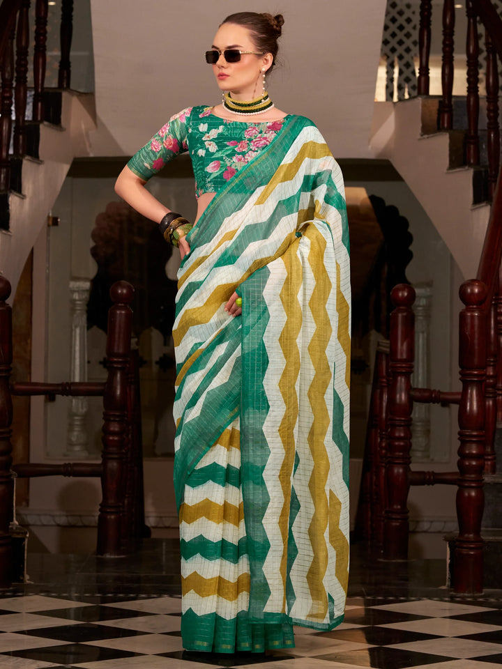 Amazing Green Floral Printed Cotton Office Wear Saree With Blouse - Zeel Clothing