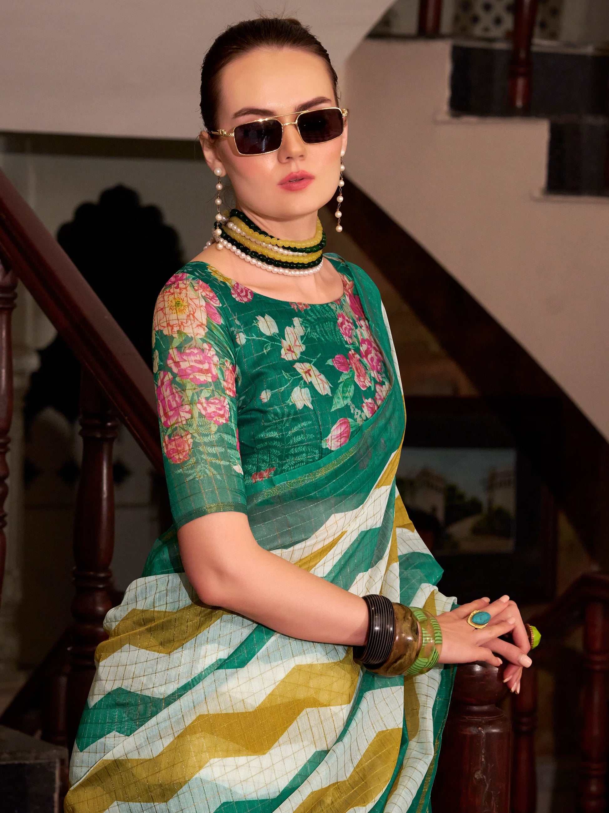 Amazing Green Floral Printed Cotton Office Wear Saree With Blouse - Zeel Clothing