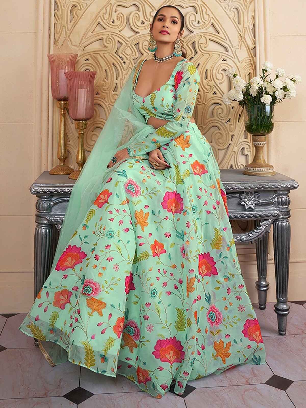 Amazing Green Floral Printed Organza Function Wear Lehenga Choli - Zeel Clothing